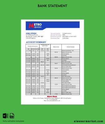 United Kingdom Metro Banka Hesap Özeti excel