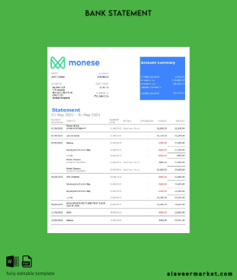 United Kingdom Monese Banka Hesap Özeti excel