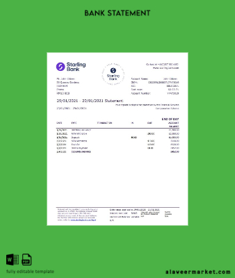 United Kingdom Starling Banka Hesap Özeti excel