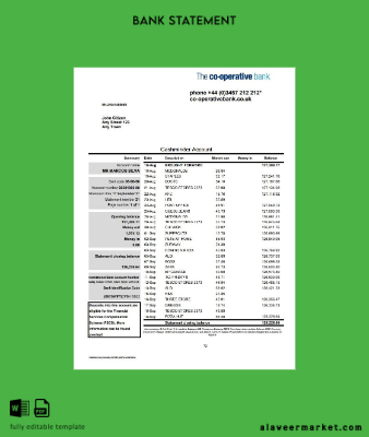 United Kingdom The Co-operative Banka Hesap Özeti excel