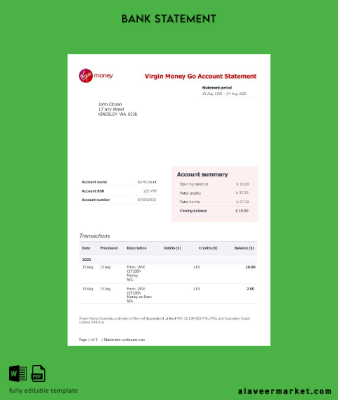 United Kingdom Virgin Money Go Account Banka Hesap Özeti word
