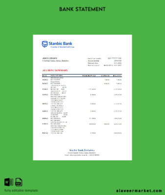 Zimbabwe Stanbic Banka Hesap Özeti excel