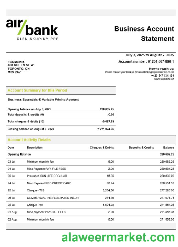 Air bank business organization checking statement Word and PDF format