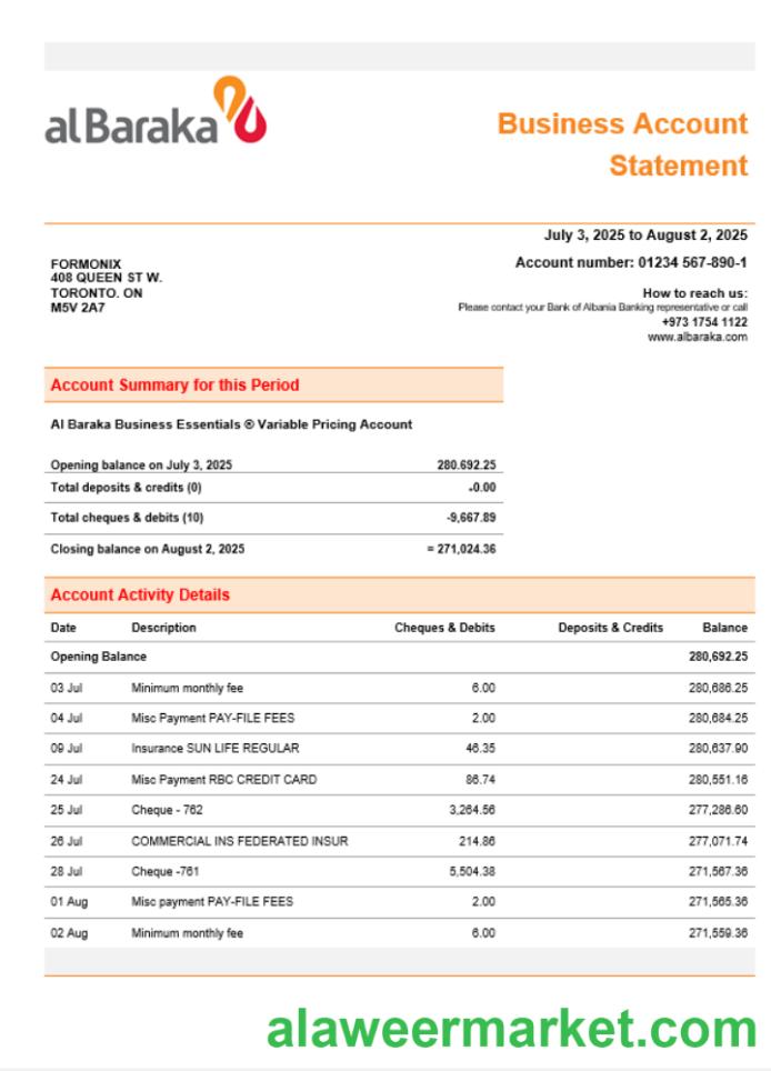 Al Baraka business bank company account statement Word and PDF format