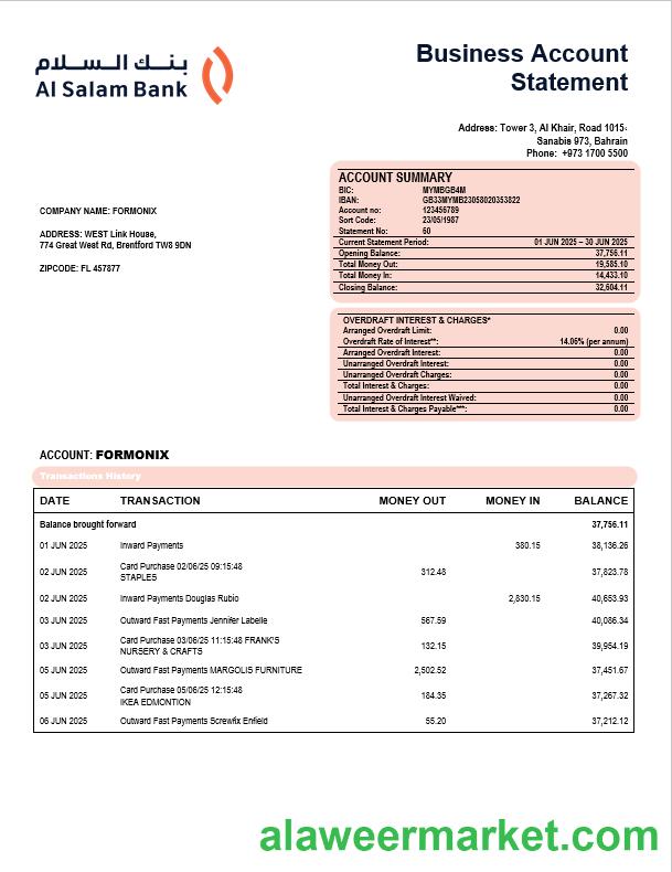 Al Salam firm account statement Word and PDF format