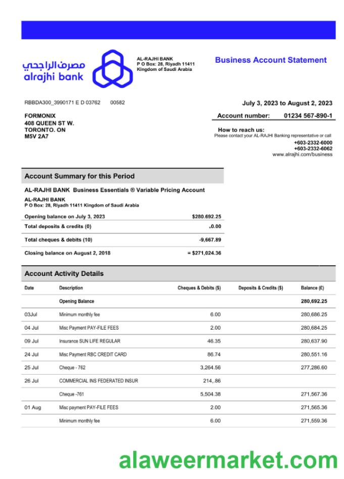 Al-Rajhi Bank company account statement Word and PDF template