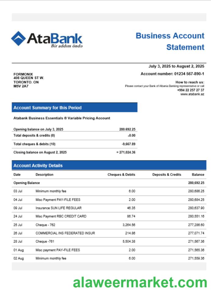 Atabank business organization checking statement Word and PDF format