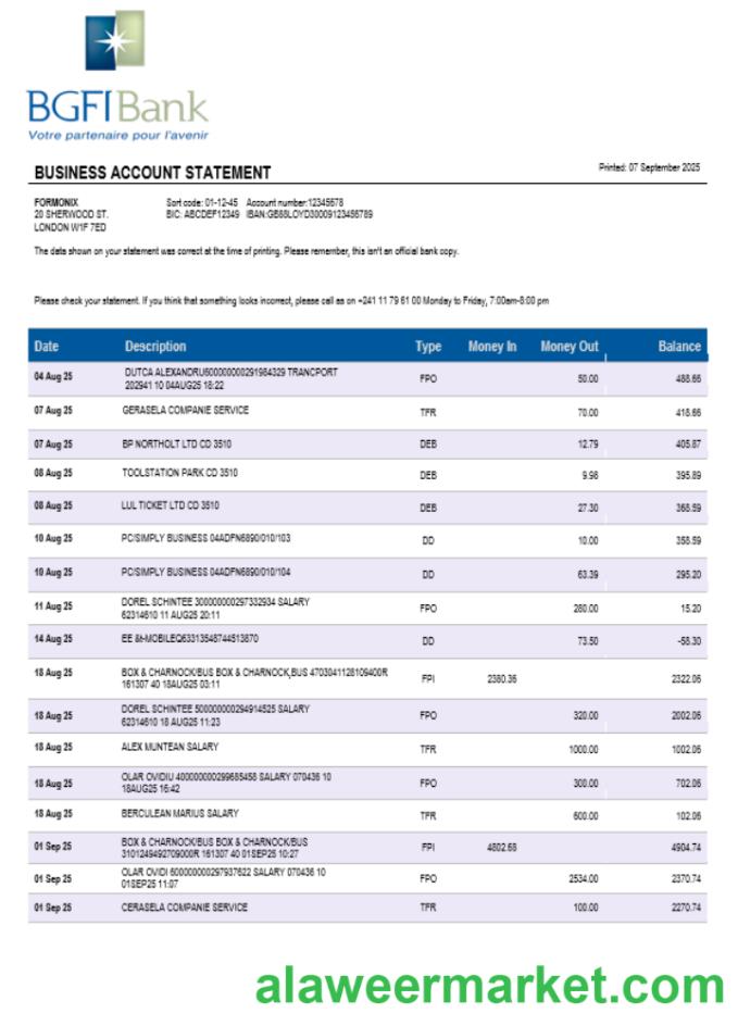 BGFI bank firm account statement Word and PDF format