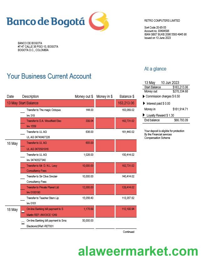 Banco de Bogot_ enterprise account statement Word and PDF template