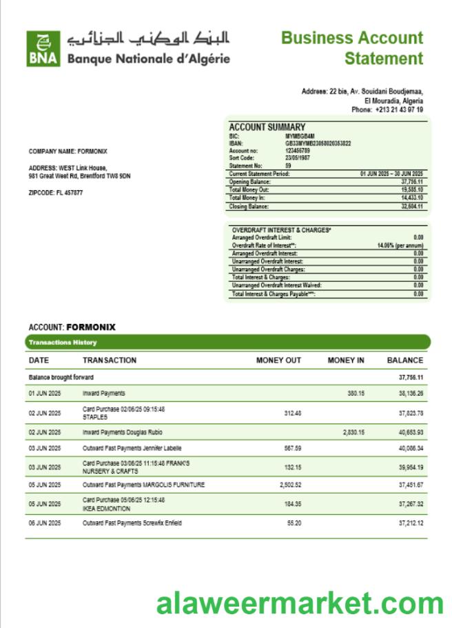 Banque nationale d_Alg_rie (BNA) enterprise account statement Word and PDF template