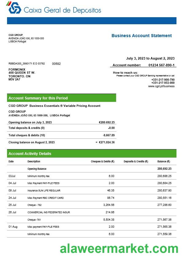 Caixa Geral de Dep_sitos business bank statement Word and PDF template