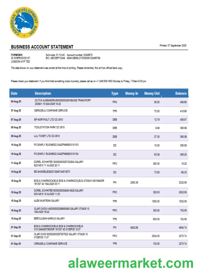 Caribbean Development bank firm account statement Word and PDF template