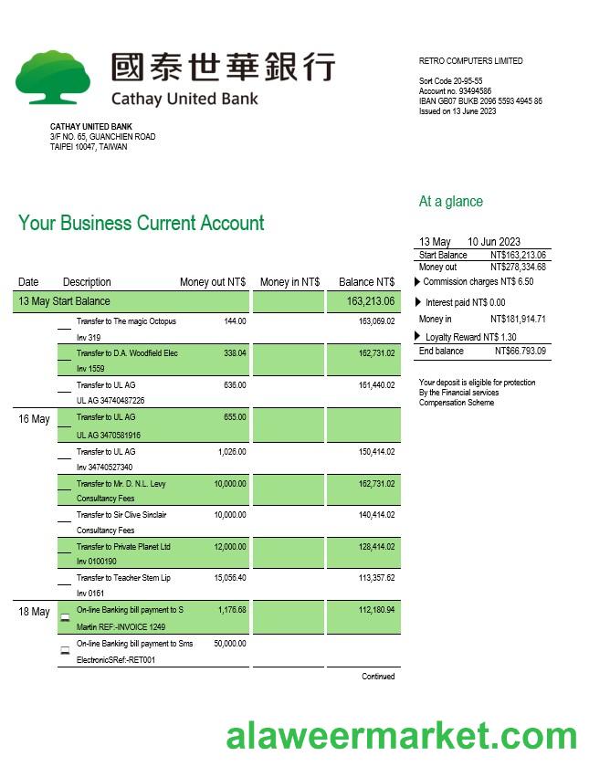Cathay United Bank enterprise account statement Word and PDF template
