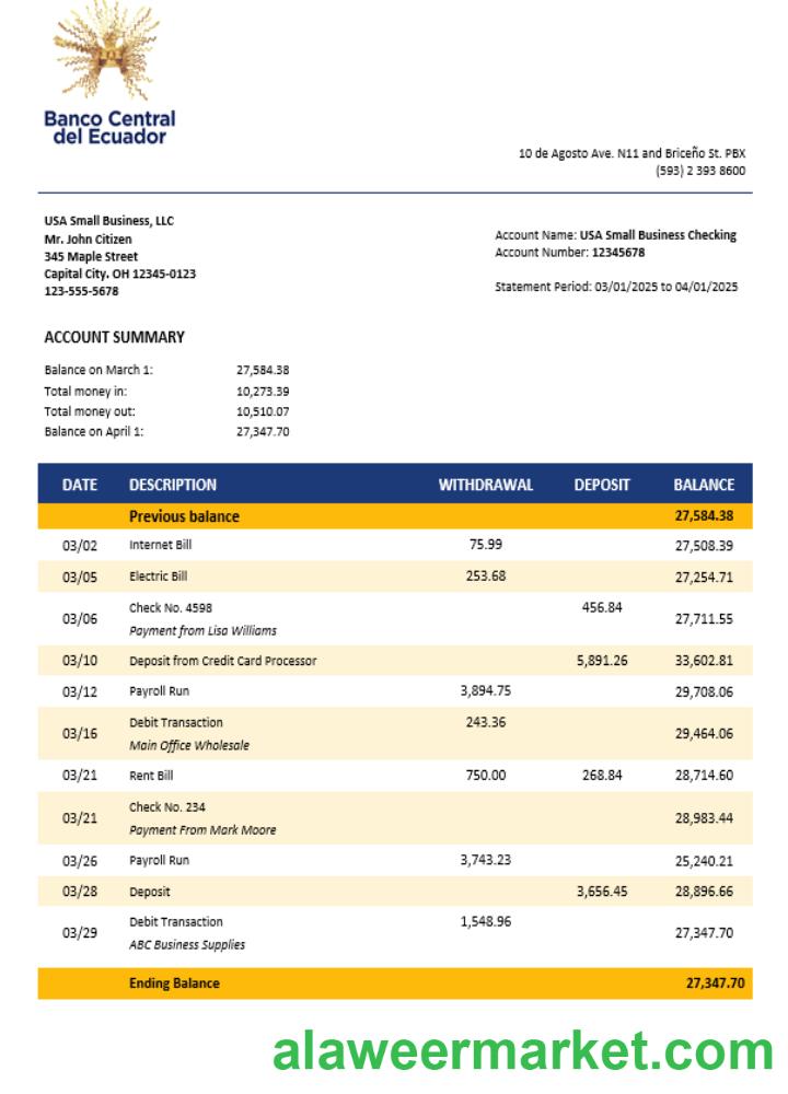 Central Bank of Ecuador business bank statement Word and PDF format