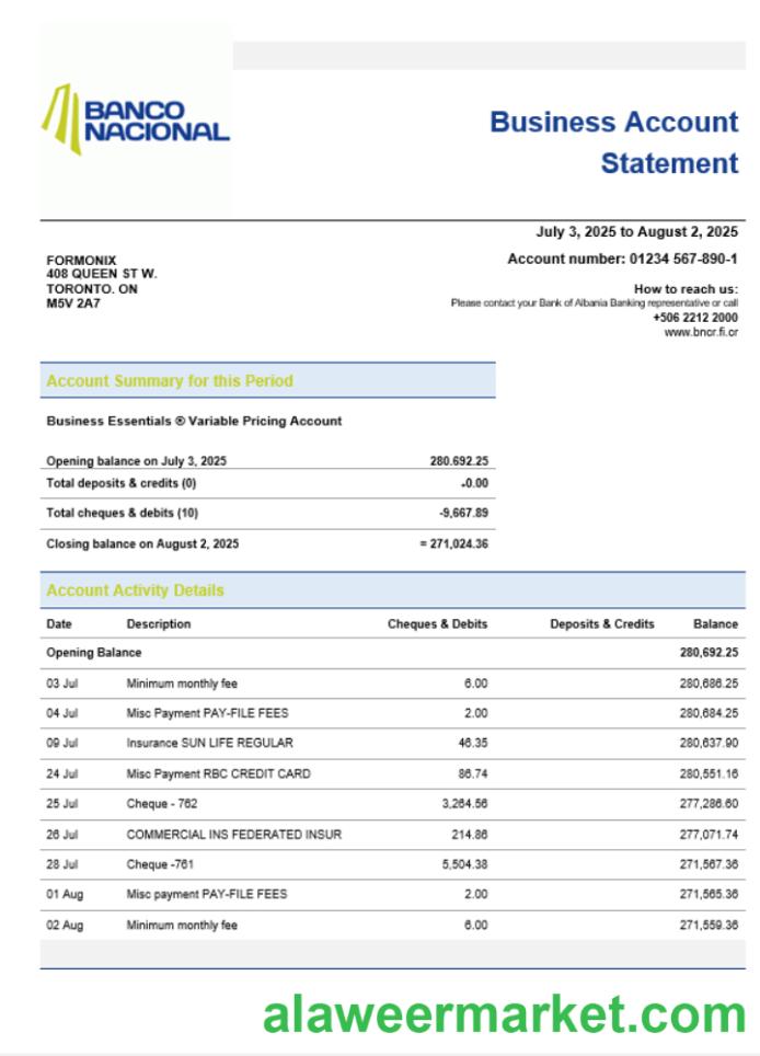 Costa Rican Banco Nacional de Costa Rican business bank company account statement Word and PDF format