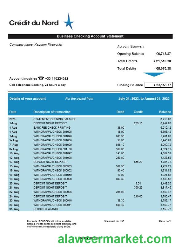 Cr_dit du Nord enterprise account statement Word and PDF template