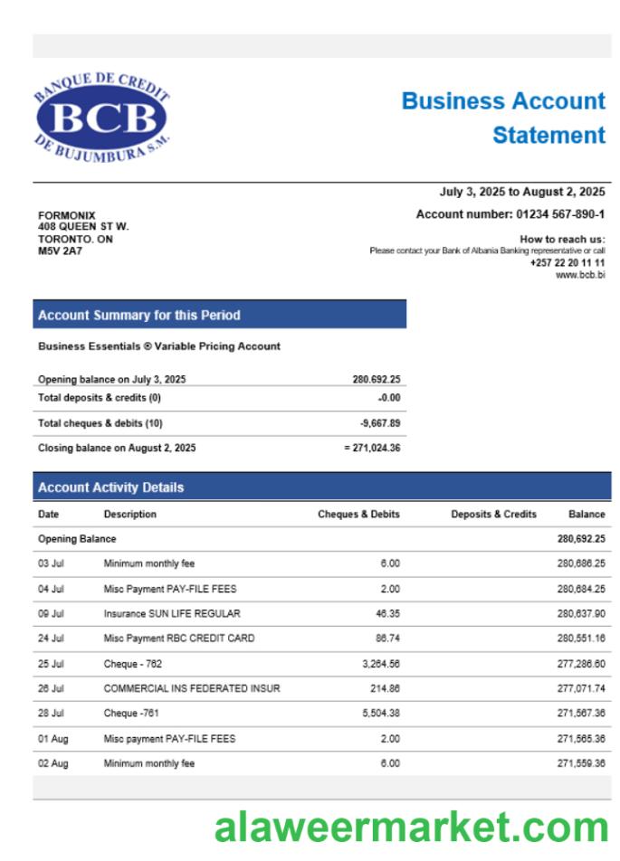 Credit Bank of Bujumbura enterprise account statement Word and PDF template