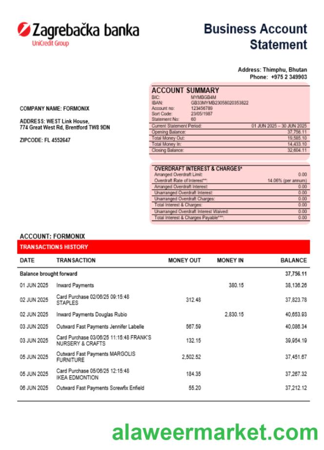 Croatian Zagreba_ka Bank business firm account statement Word snd PDF format