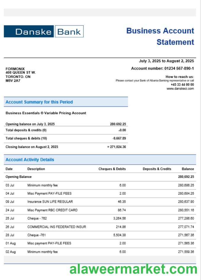 Danskebank business organization checking statement Word and PDF format