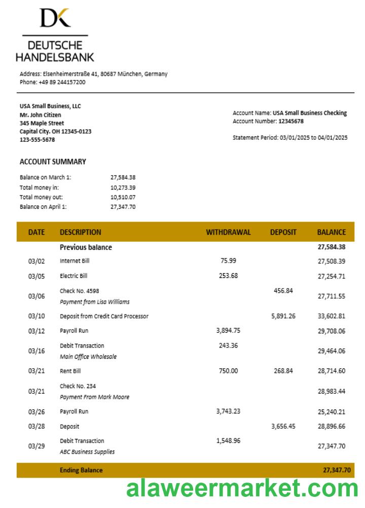 Deutsche Handelsbank firm account statement Word and PDF format