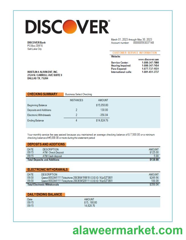 Discover Bank business statement Word and PDF template
