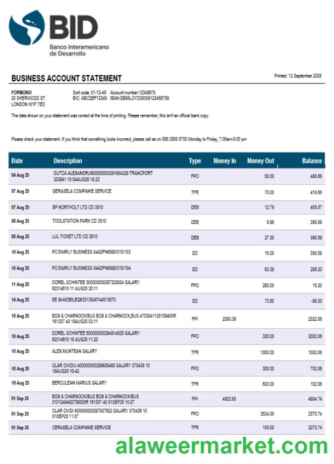Ecuador Banco Interamericano de Desarrollo (BID) firm account statement Word and PDF format