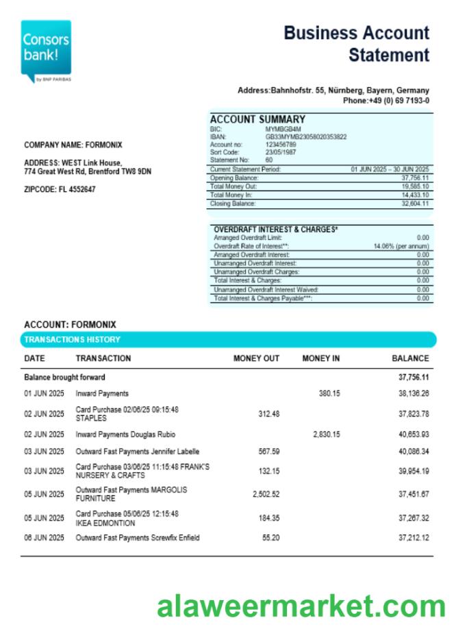 German Consorsbank business organization checking statement Word and PDF format