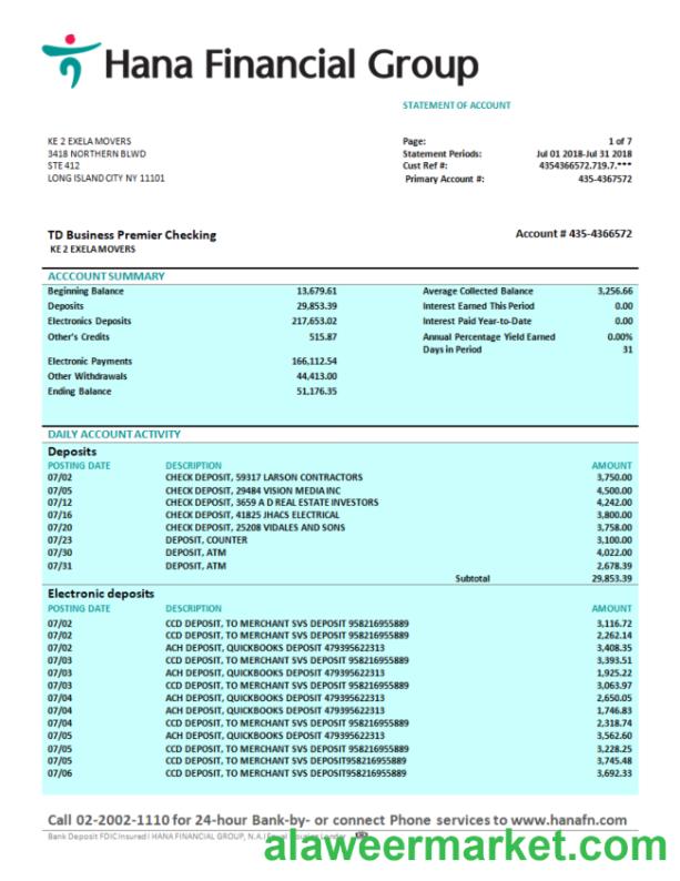Hana Financial Group firm bank statement Word and PDF template