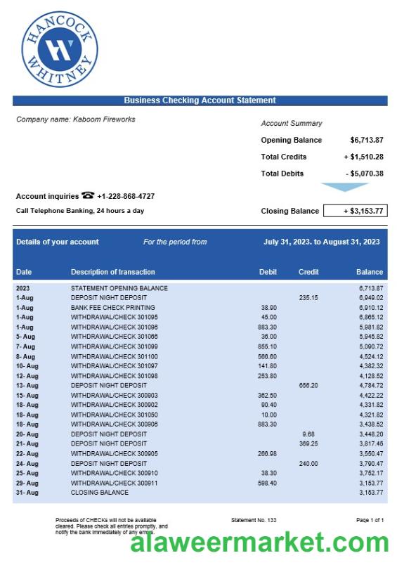 Hancock Whitney Bank business checking account statement Word and PDF template