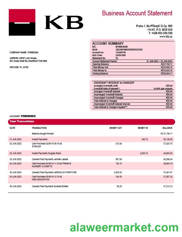 Komercn_ banka corporate checking account statement Word and PDF template