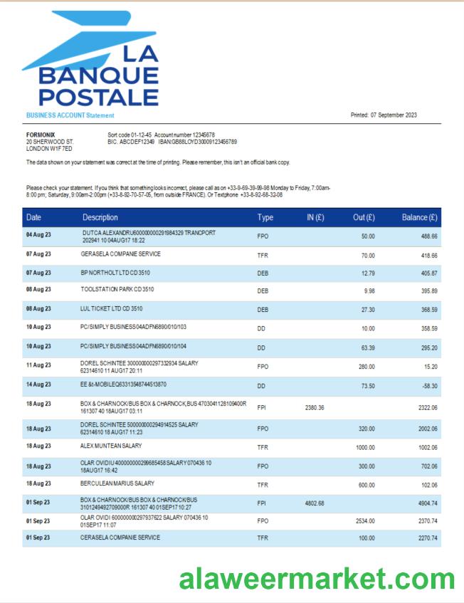 La Banque Postale firm bank statement Word and PDF template