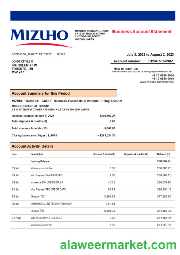 Mizuho Financial Group bank company account statement Word and PDF template