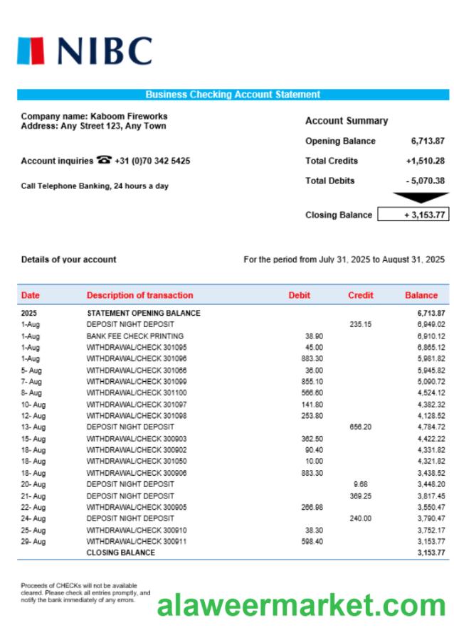 NIBC Bank business organization checking statement Word and PDF format