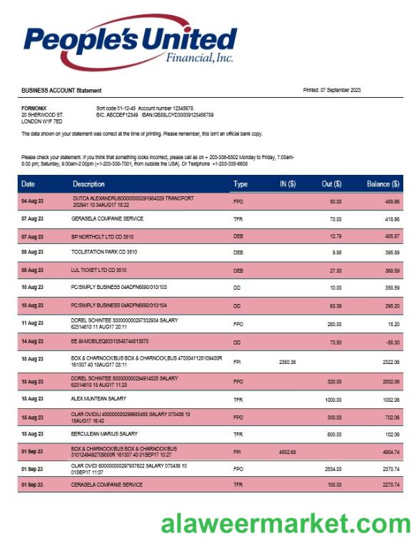 People_s United Bank business statement Word and PDF template