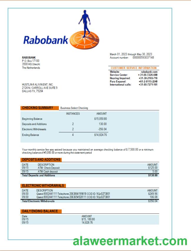 Rabobank bank organization account statement Word and PDF template