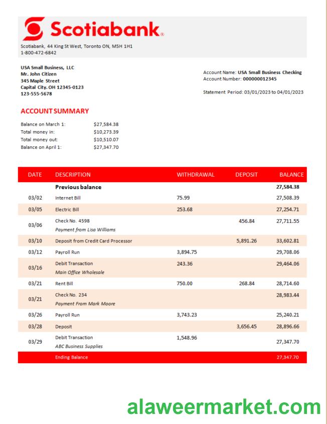 Scotiabank Bank organization statement Word and PDF template