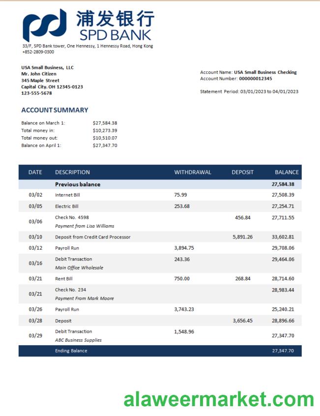 Shanghai Pudong Development business bank statement Word and PDF template
