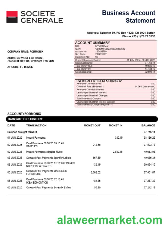Soci_t_ G_n_rale business account statement Word and PDF template
