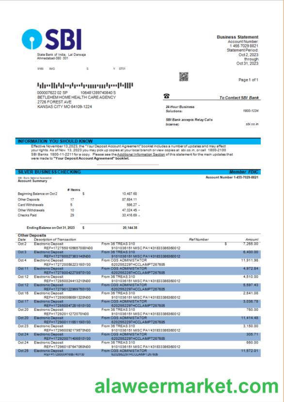 State Bank of India company account statement Word and PDF template