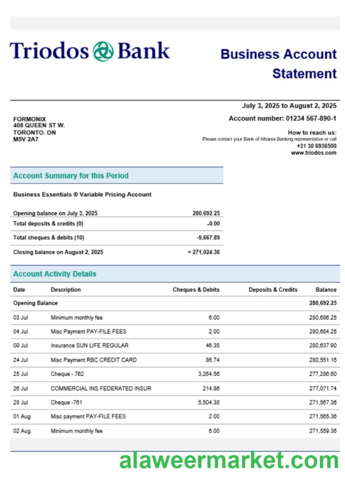 Triodos Bank business firm account statement Word snd PDF format