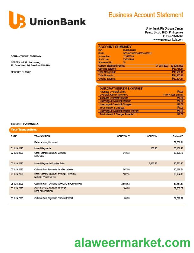 Union Bank of the Philippines business statement Word and PDF template