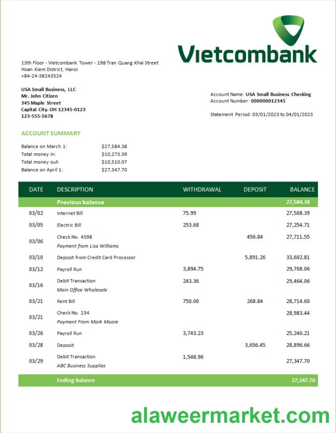 Vietcombank business statement Word and PDF template