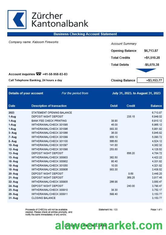 Z_rcher Kantonalbank business statement Word and PDF template