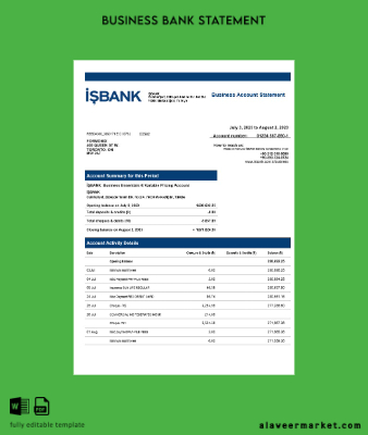 Banka corporate checking account Hesap Özeti Word and PDF Şablon