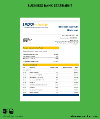 1822direkt Banka enterprise account Hesap Özeti Word and PDF Şablon