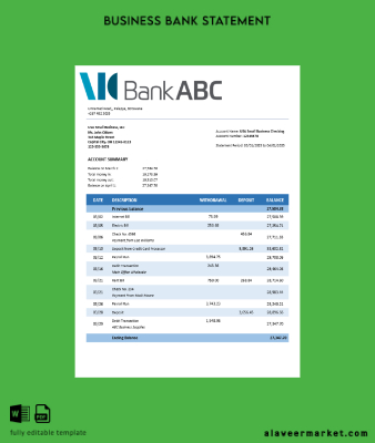 ABC Banka Şirket checking account Hesap Özeti Word and PDF Şablon