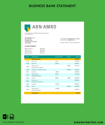 ABN Amro Banka Şirket checking account Hesap Özeti Word and PDF Şablon