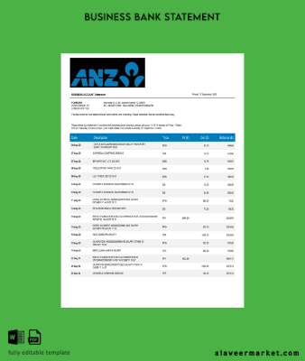 ANZ Banka corporate Hesap Özeti Word and PDF Şablon