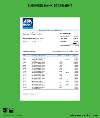 ASA Banka Şirket checking account Hesap Özeti Word and PDF Şablon