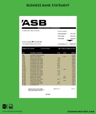 ASB Banka Şirket Hesap Özeti Word and PDF Şablon